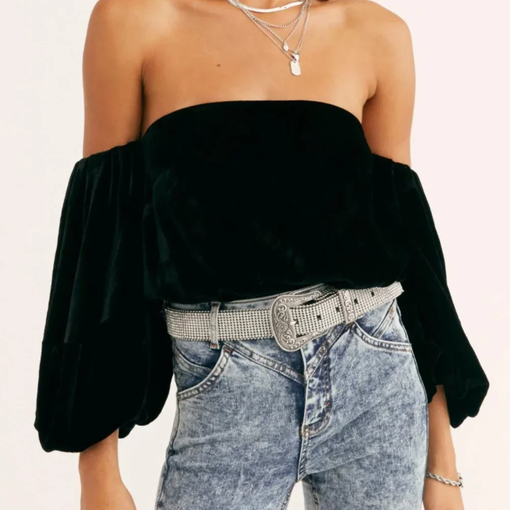 Free People Black Off-Shoulder Velvet Peasant Top